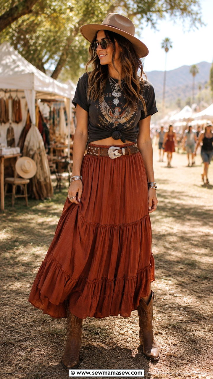Tiered maxi skirt with graphic tee and cowboy boots - 25 Western outfit ideas with cowboy boots