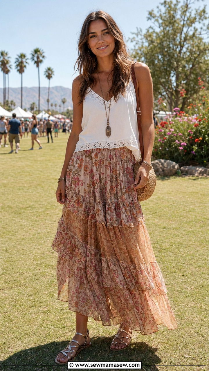 Tiered maxi skirt with tank top outfit - 35 2000s outfit ideas