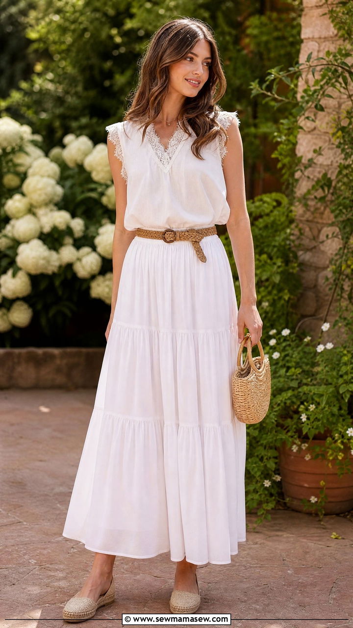 Tiered maxi skirt with tuckedin blouse - 30 summer outfits for modest women