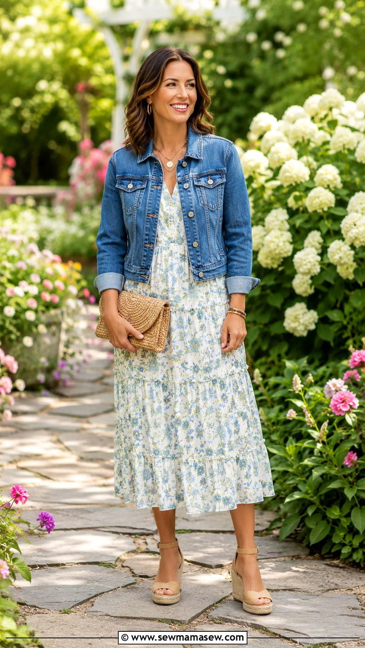 Tiered midi dress with a denim jacket and espadrille wedges - 30 Midi dress outfit ideas with a denim jacket
