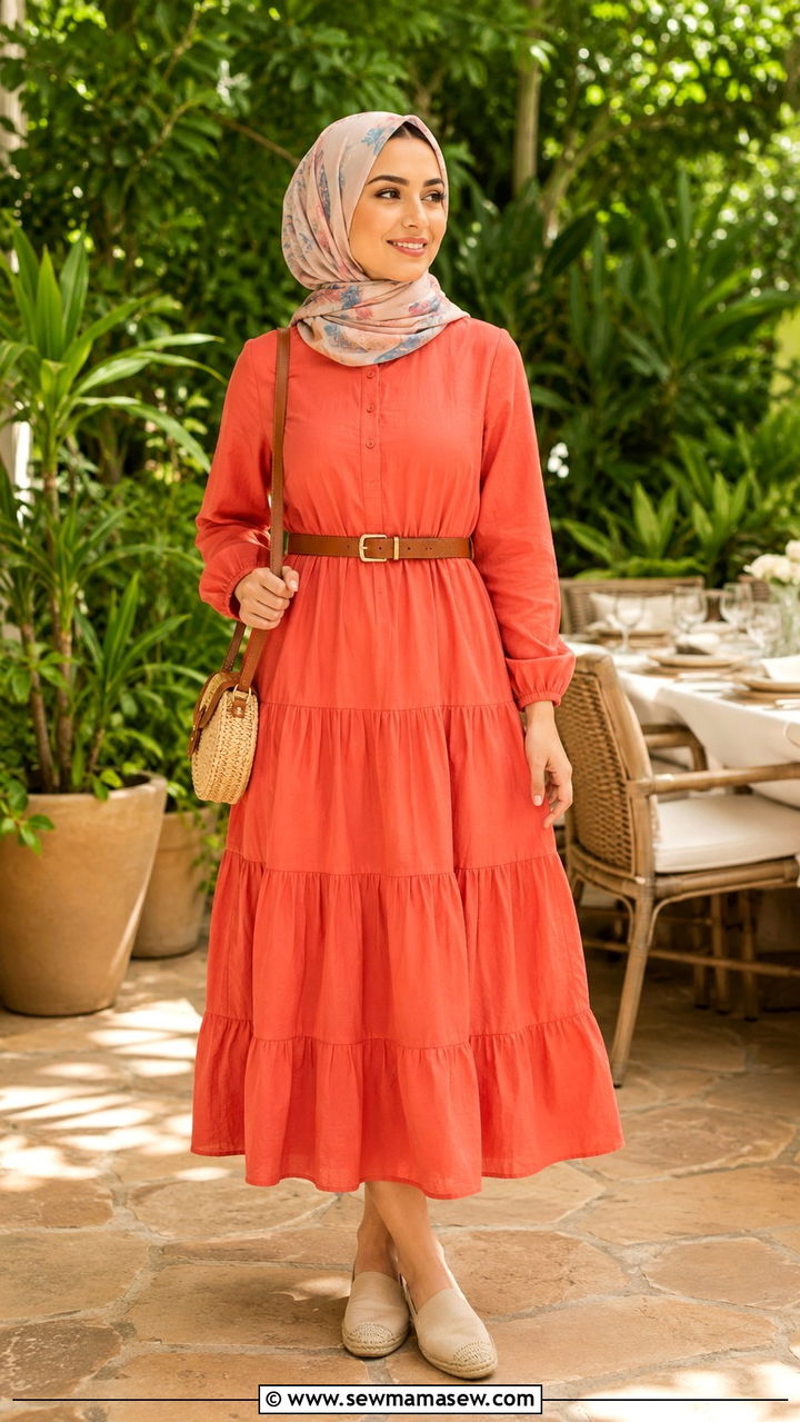 Tiered midi dress with a leather belt - 25 Vacation outfit ideas Muslim women