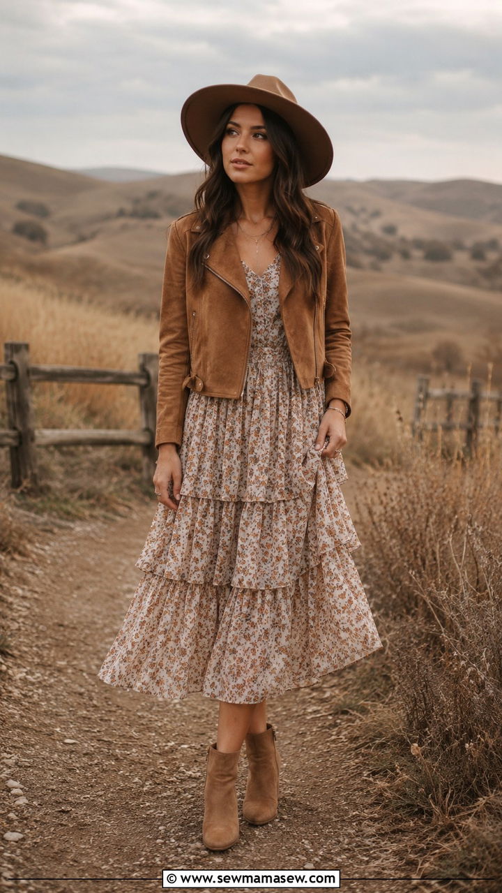 Tiered midi dress with ankle boots - 30 Boho outfit ideas petite