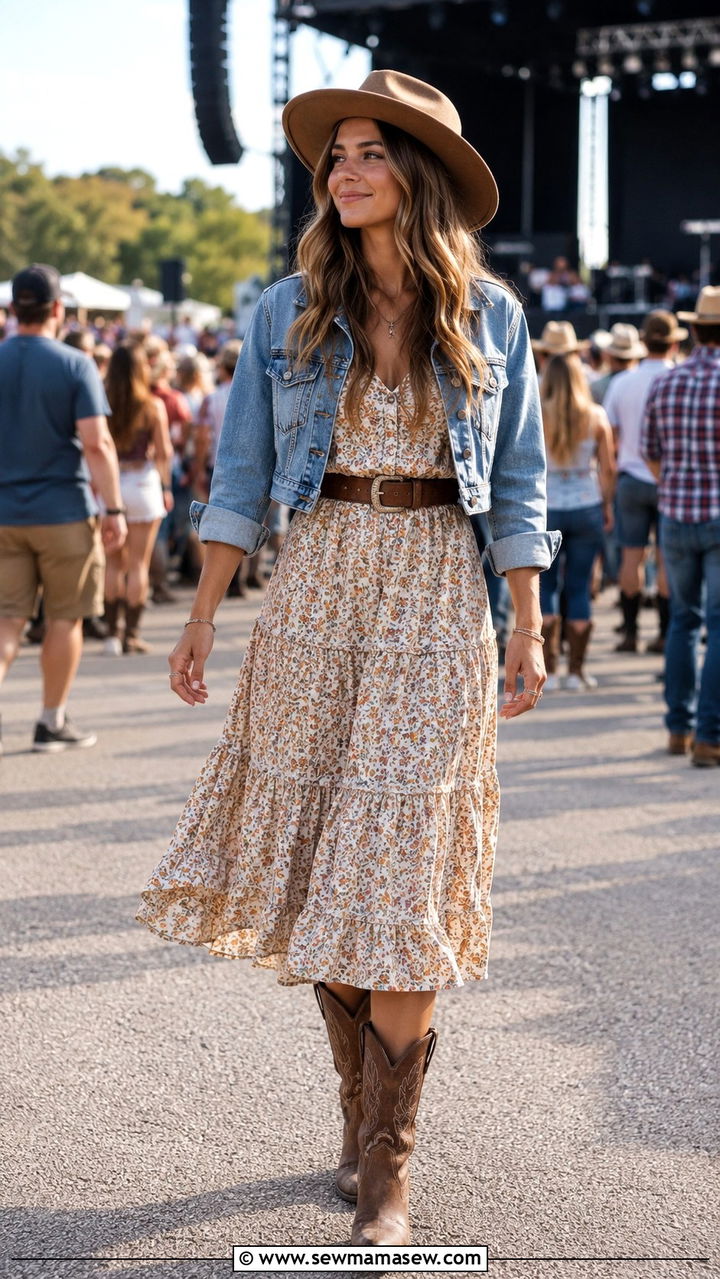 Tiered midi dress with cowboy boots and denim jacket - 30 modest summer concert outfit ideas