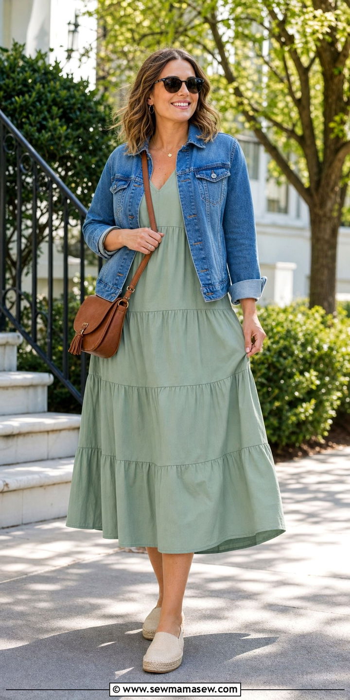 Tiered midi dress with denim jacket - 25 Spring outfits for apple shape