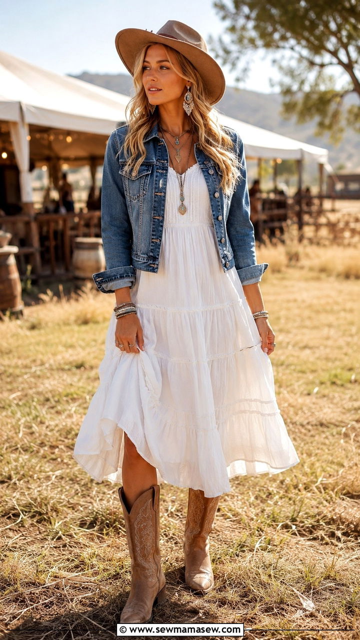 Tiered midi dress with denim jacket and cowboy boots - 30 Midi dress with denim jacket outfit ideas