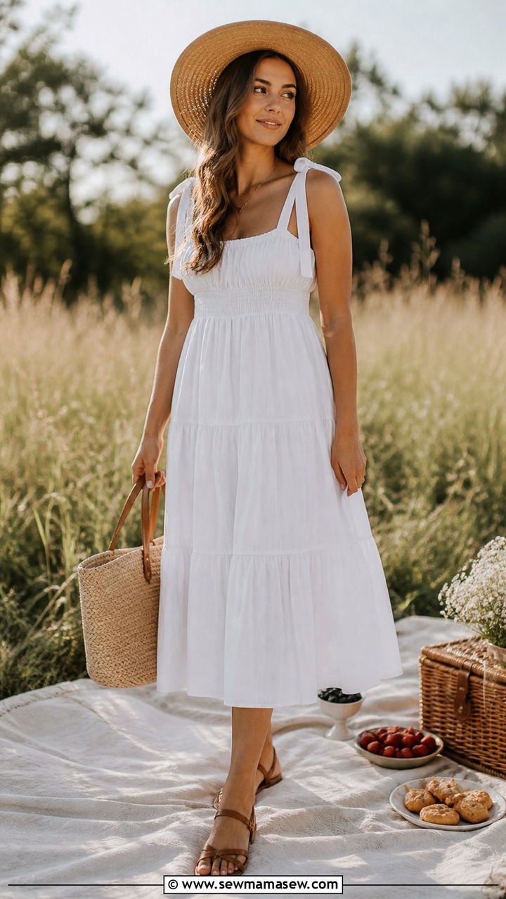 Tiered midi dress with flat sandals - 40 midi dress outfit ideas