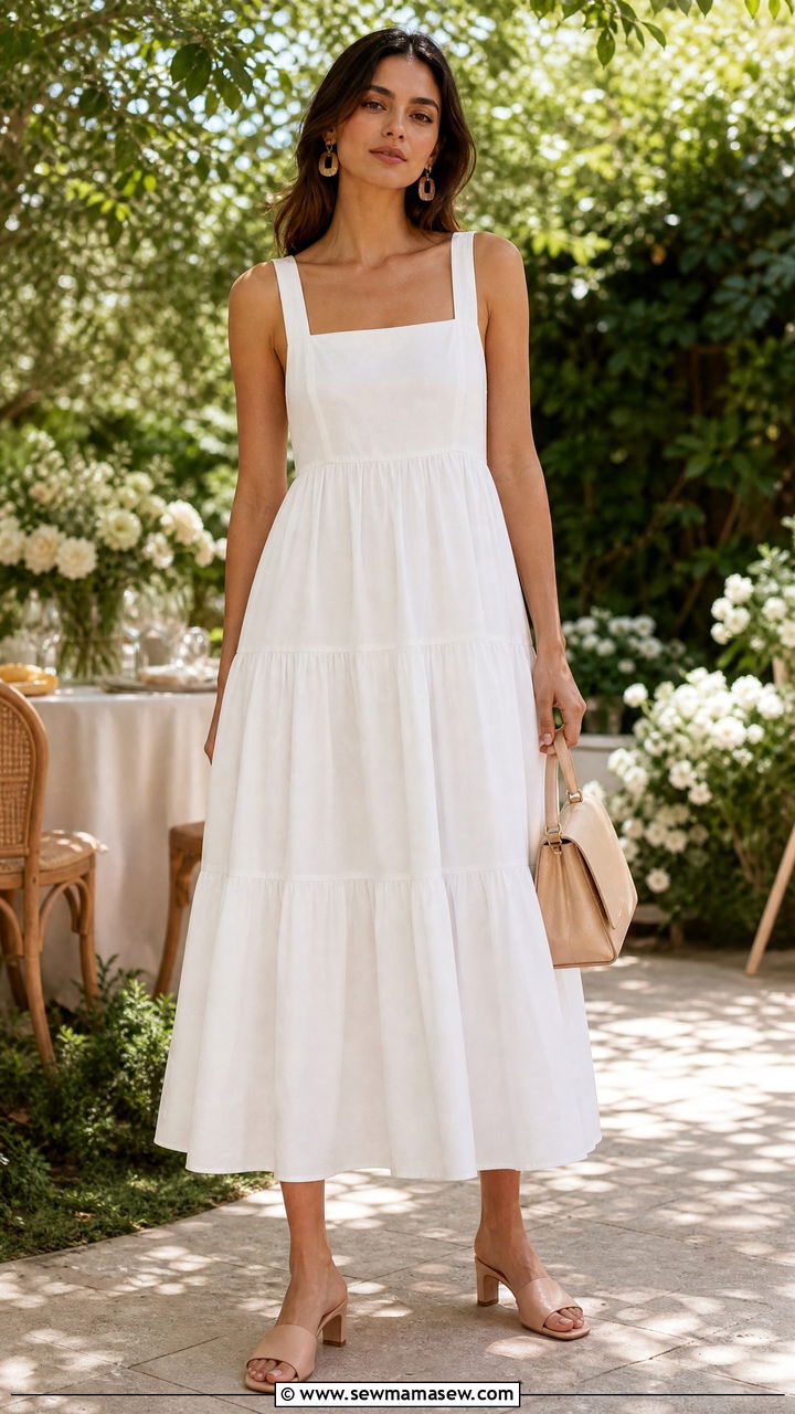 Tiered midi dress with low heel mules - 30 summer office party outfit ideas