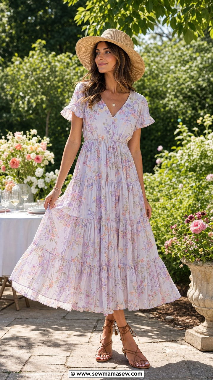 Tiered midi dress with strappy sandals - 25 Summer outfits to hide belly fat