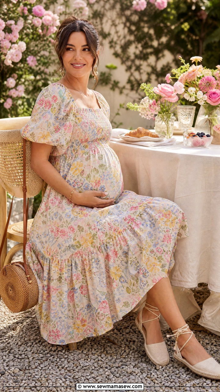 Tiered midi maternity dress for vacation brunch - 30 Maternity outfit ideas for vacation