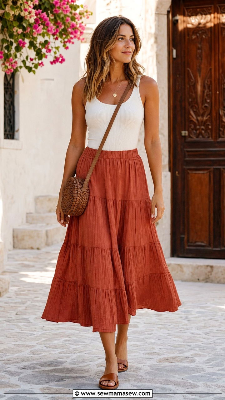 Tiered midi skirt with fitted tee - 25 summer midi skirt outfit ideas
