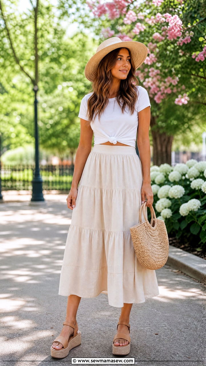 Tiered midi skirt with platform sandals - 30 summer outfits with platform sandals