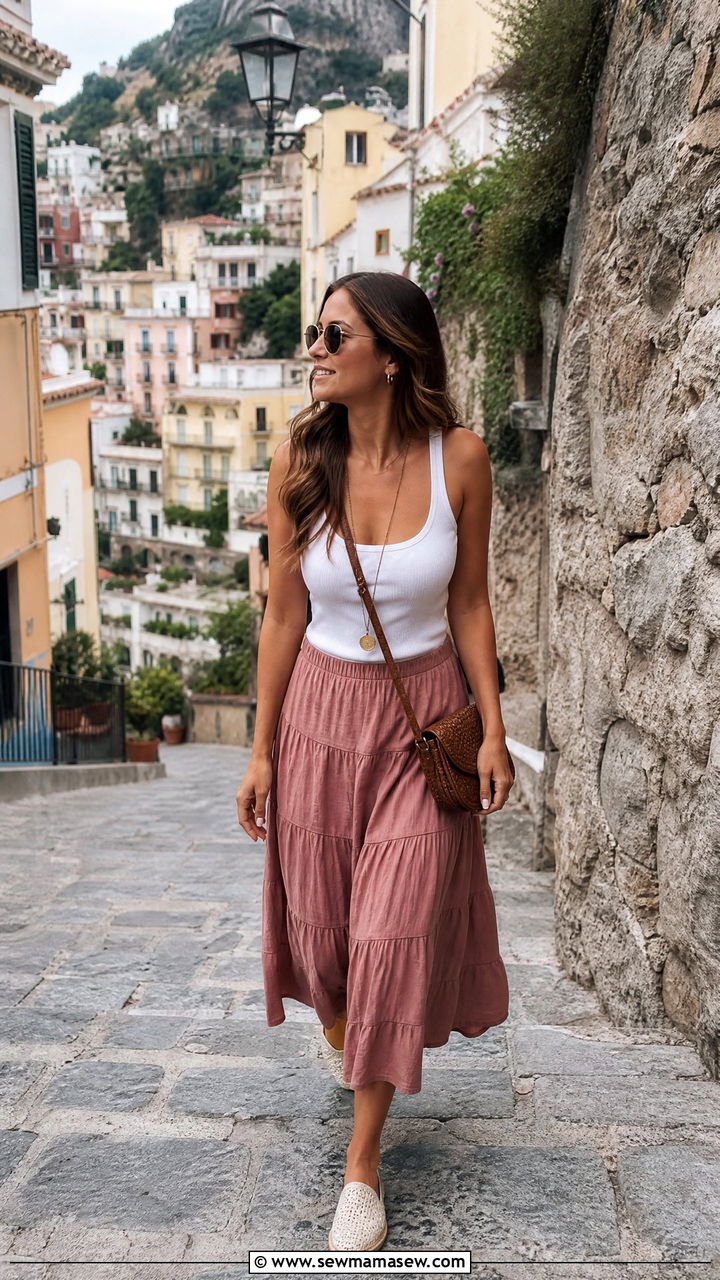Tiered midi skirt with tank top outfit Italy - 40 Italy summer outfit ideas