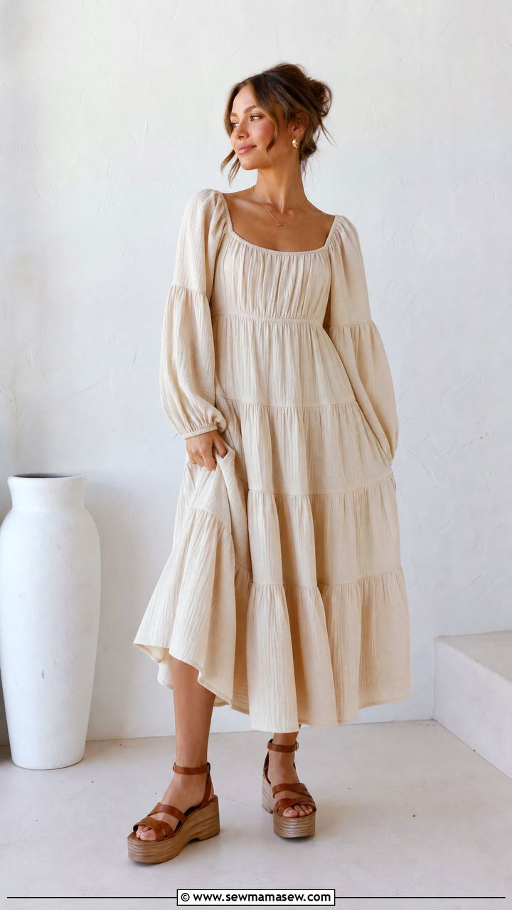 Tiered peasant dress with gathered sleeves and platform sandals - 25 Petite outfit ideas to avoid