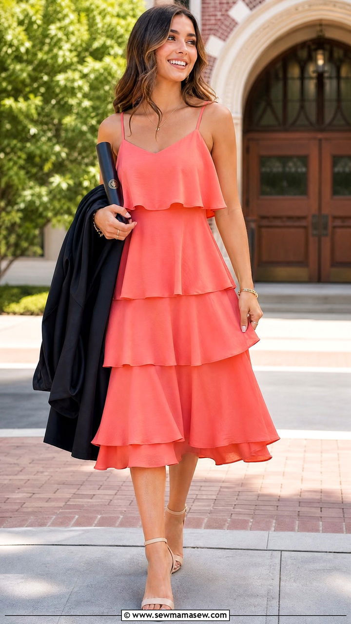 Tiered ruffle dress with block heels - 35 graduation outfit ideas for women