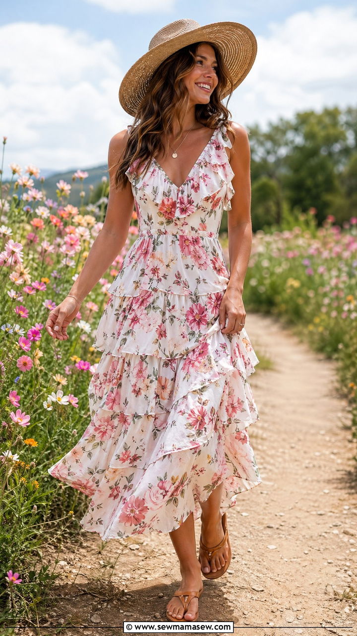 Tiered ruffle maxi dress with flat thong sandals - 35 Flirty spring outfit ideas