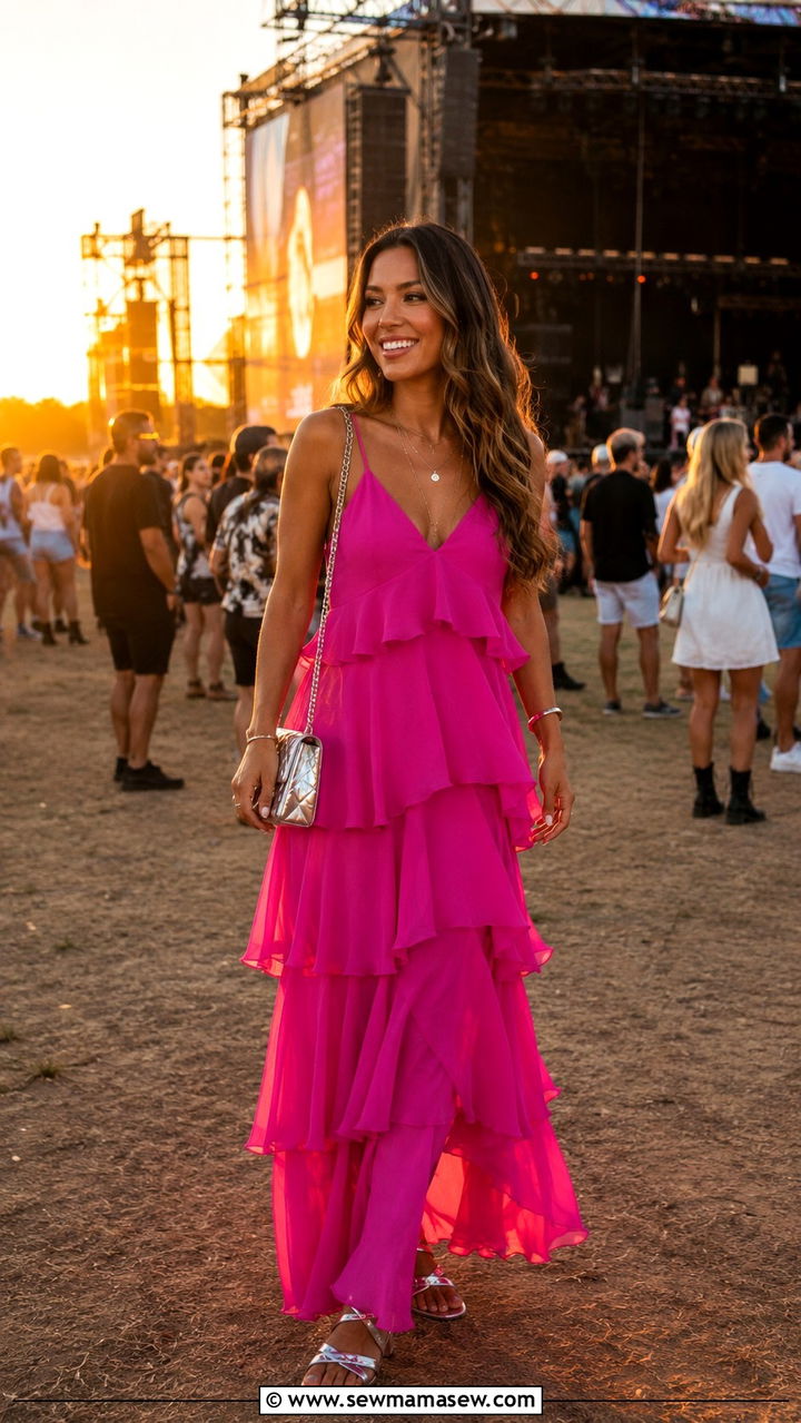 Tiered ruffle maxi dress with metallic sandals - 30 July outfit ideas 2026