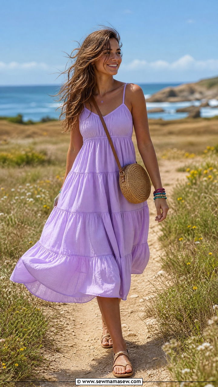 Tiered sundress with flat sandals beach look - 30 Summer beach day outfit ideas