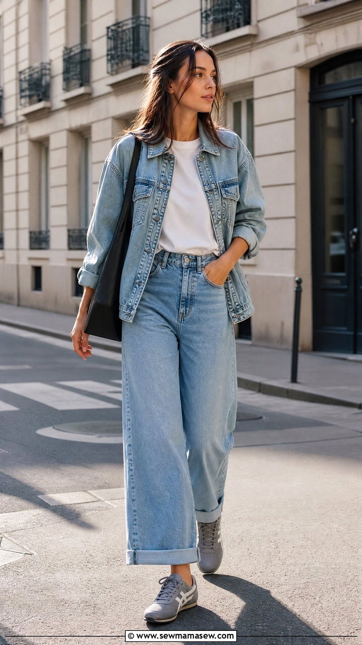 Tigcourt sneakers with a denim jacket and wide leg jeans - 25 Sporty chic outfit ideas with Onitsuka Tigers