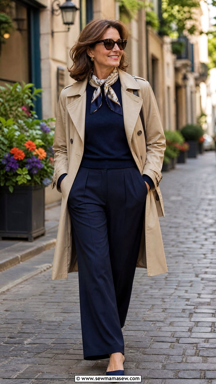 Timeless Trench Coat with Wide Leg Trousers - 25 Birthday outfit ideas for women over 50
