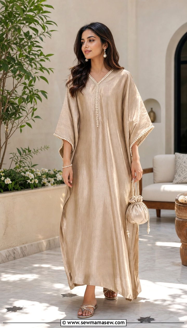 Tissue kaftan with pearl drop earrings - 25 Eid al Adha outfit ideas 2026