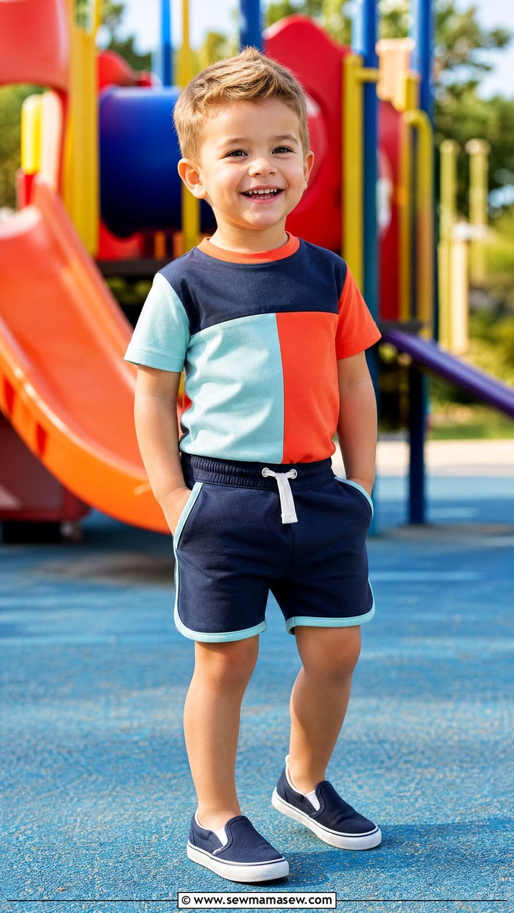 Toddler Boy Color Block T Shirt And Contrast Trim Shorts Outfit - 30 Toddler boy outfit ideas