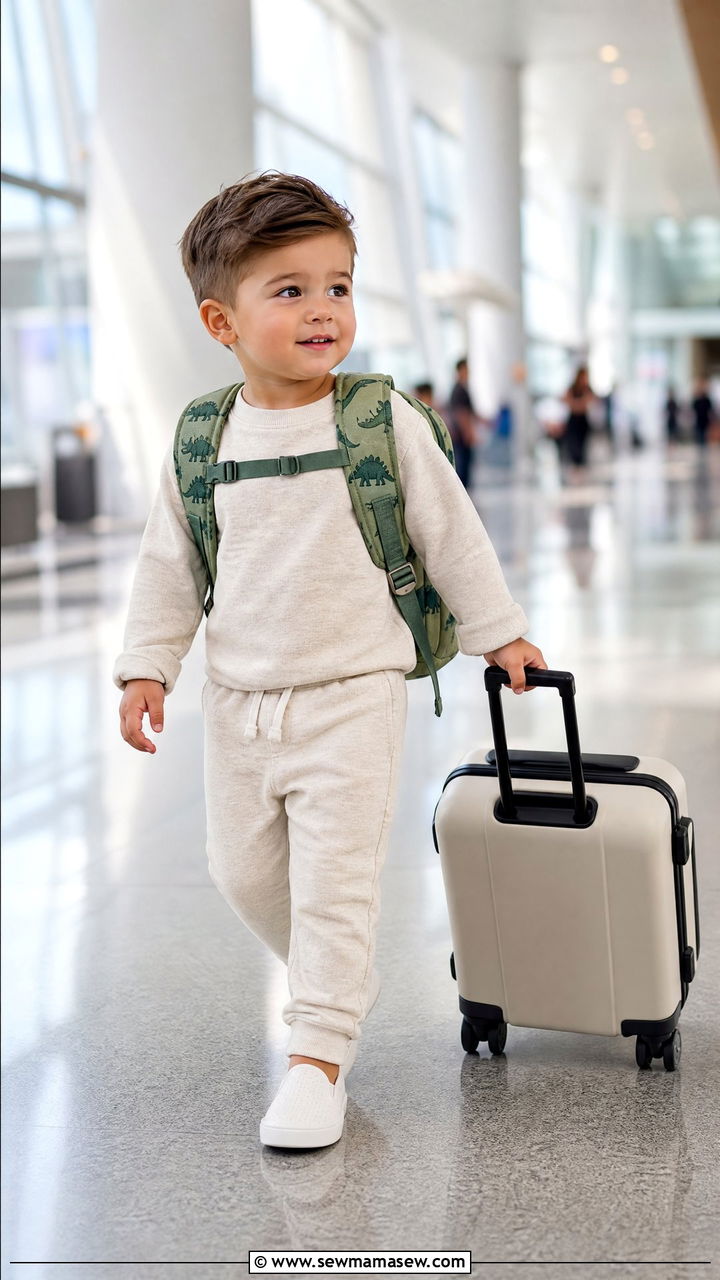 Toddler boy airport jogger set with slip on sneakers - 30 Kids vacation outfit ideas