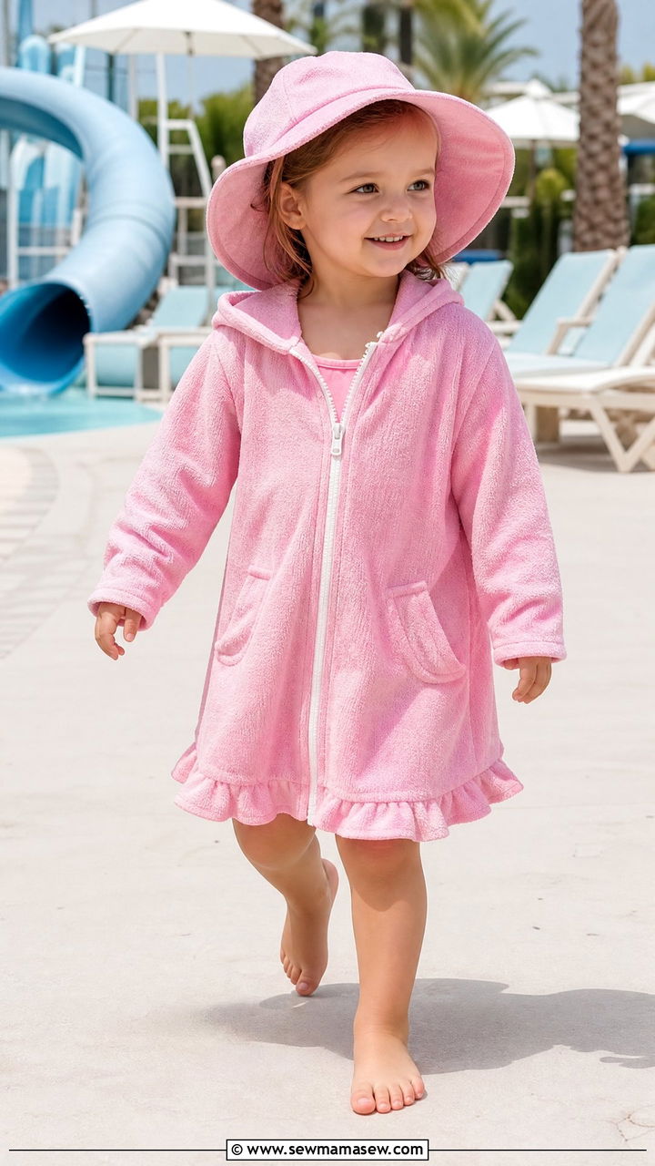 Toddler girl terry cover up with swimsuit and pool slides outfit - 30 Kids vacation outfit ideas