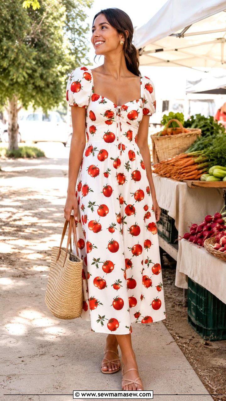 Tomato Print Midi Dress With Straw Bag - 30 Tomato girl summer outfits