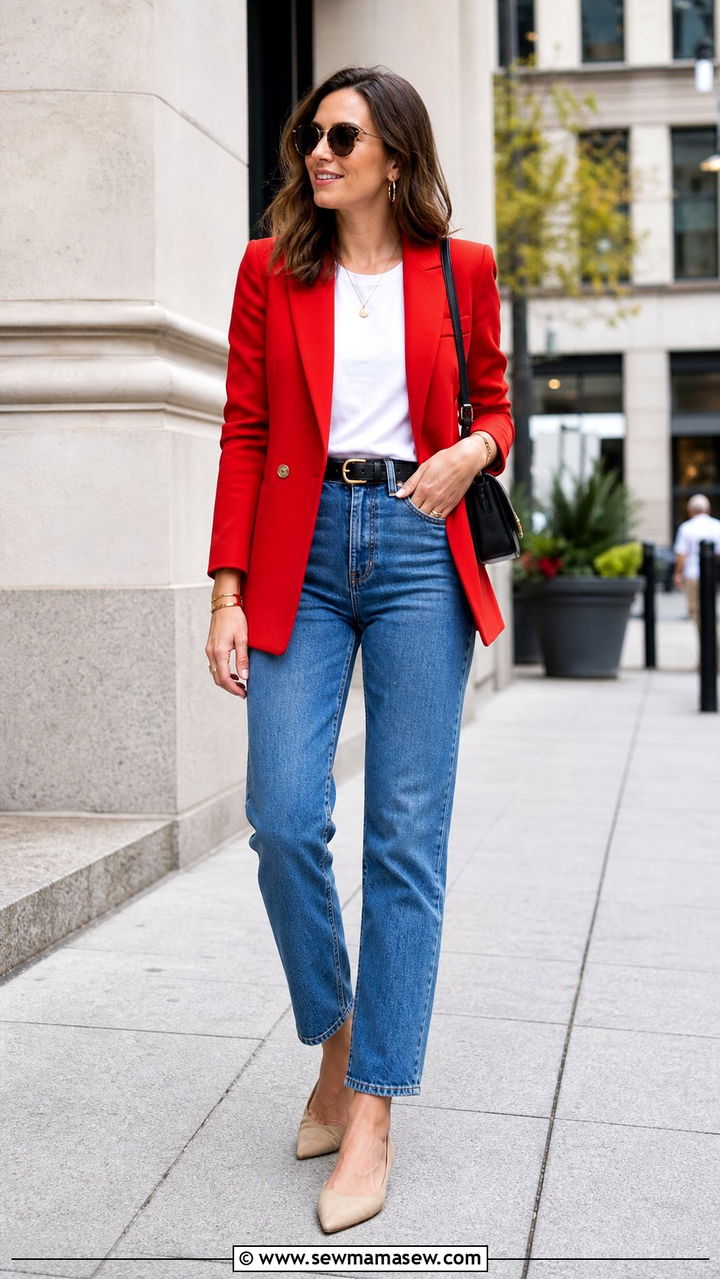Tomato Red Blazer With Jeans Outfit - 25 spring colorful outfit ideas