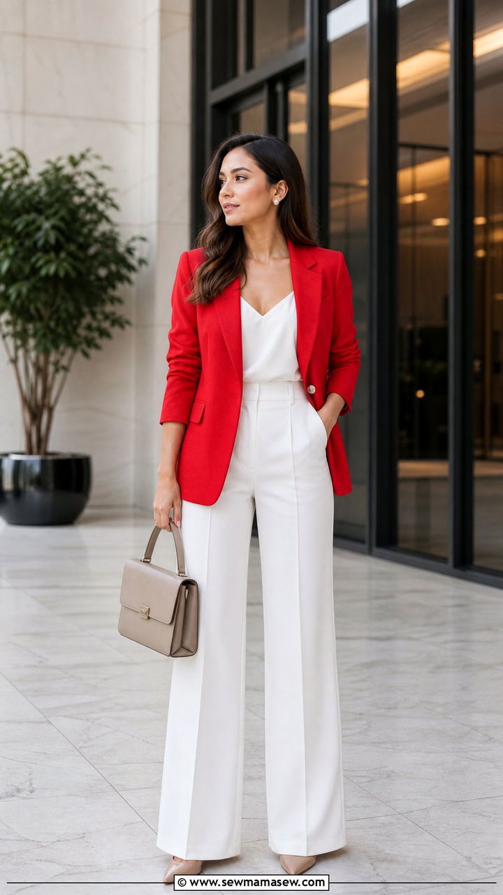 Tomato Red Blazer With White Trousers - 30 Summer tomato red outfit ideas