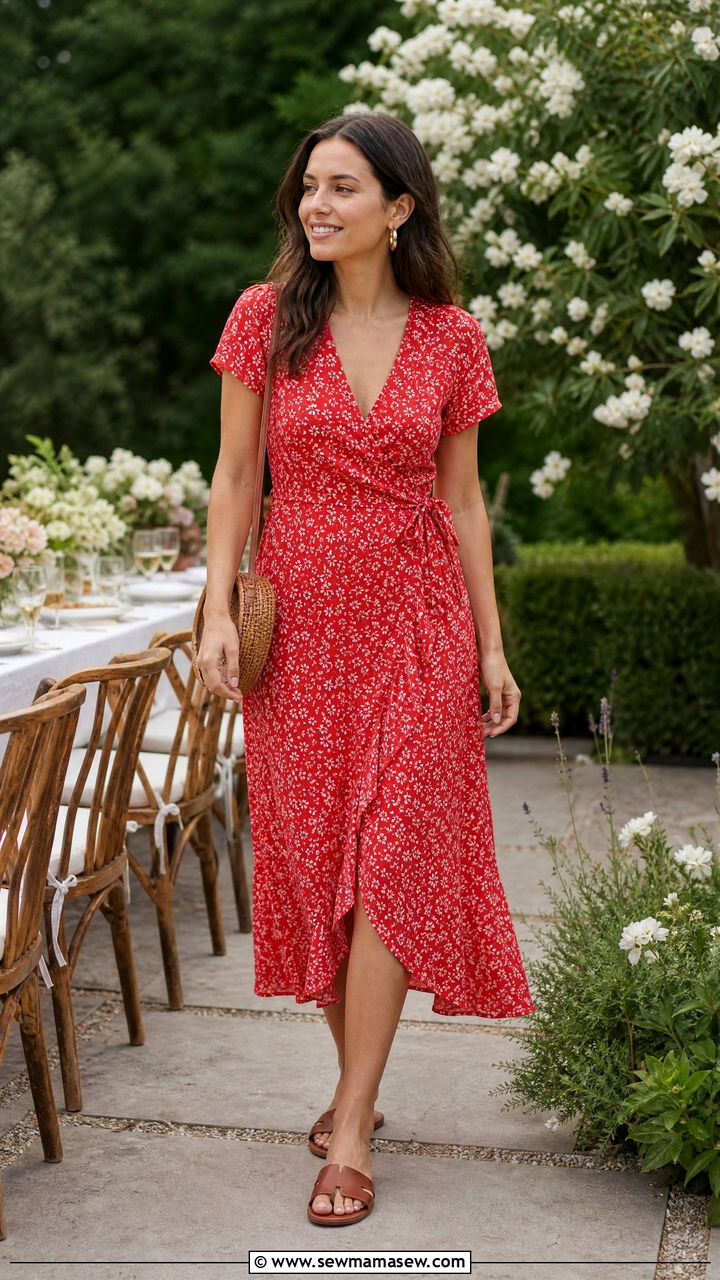 Tomato Red Floral Dress With Slide Sandals - 30 Summer tomato red outfit ideas