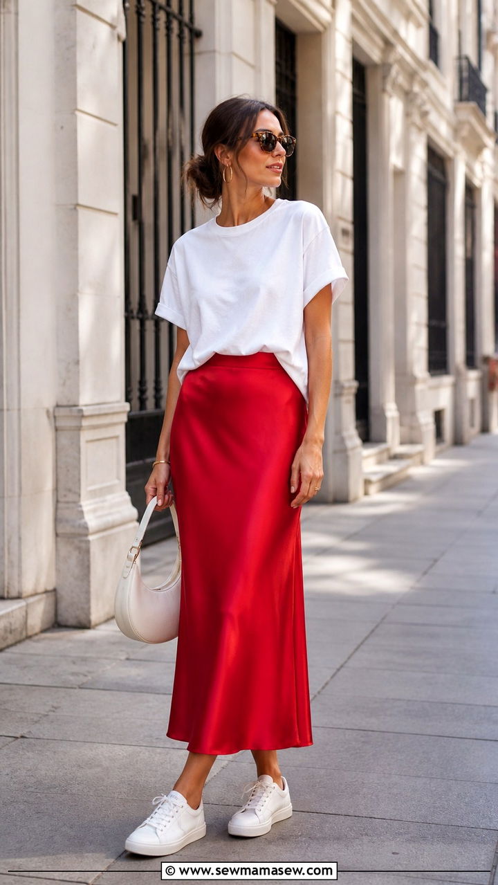 Tomato Red Midi Skirt with White Tee Outfit - 40 All tomato red outfit ideas