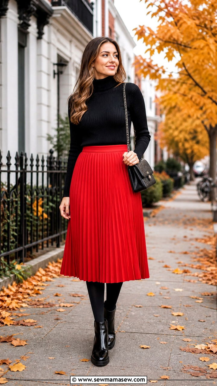 Tomato Red Pleated Skirt Outfit - 40 All tomato red outfit ideas