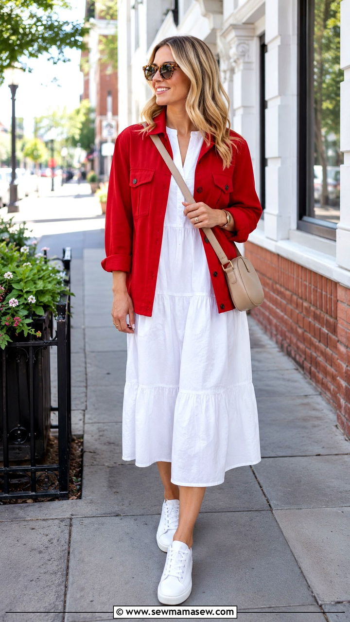 Tomato Red Shacket Over A White Midi Dress - 30 spring red outfit ideas