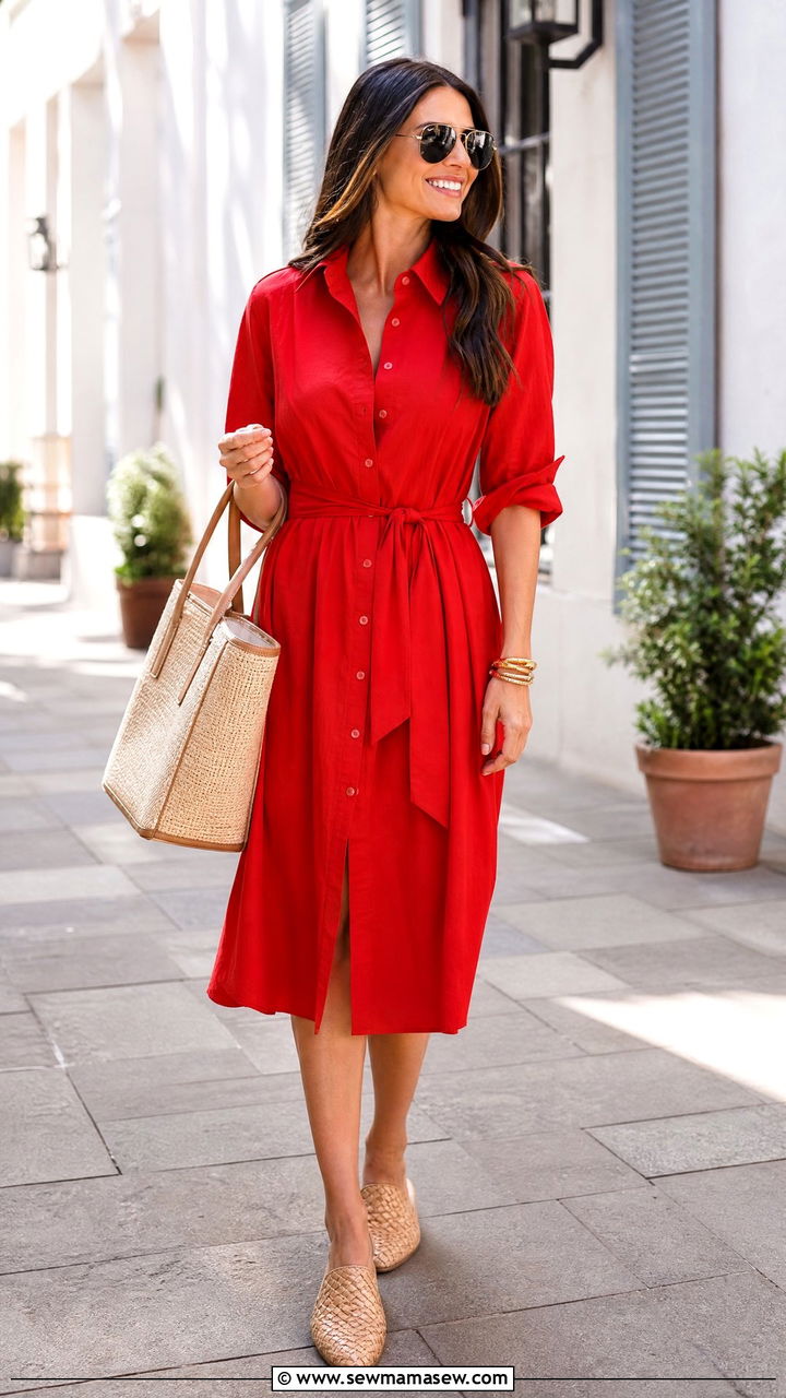 Tomato Red Shirt Dress With Woven Mules - 30 Summer tomato red outfit ideas