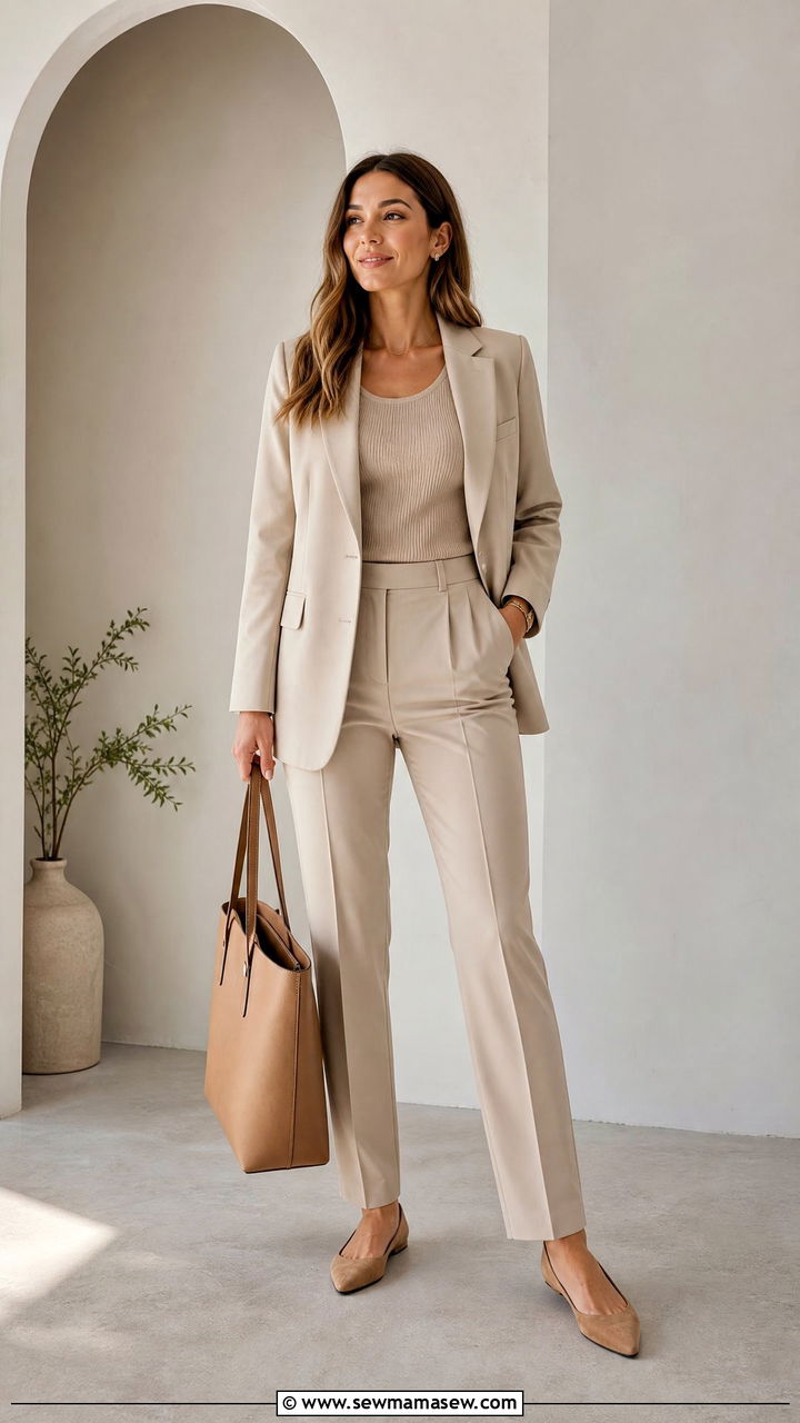 Tonal Beige Blazer and Trousers Work Outfit - 35 Minimalist work outfit ideas