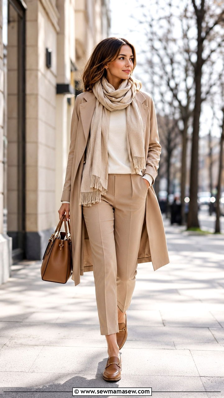 Tonal Beige Layering with Lightweight Coat - 30 spring outfits for office women