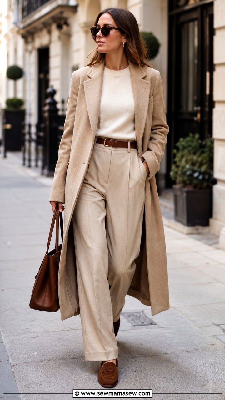 Tonal Beige Overcoat With Matching Trousers And Brown Accessories - 20 Quiet luxury The Row dupes outfit ideas
