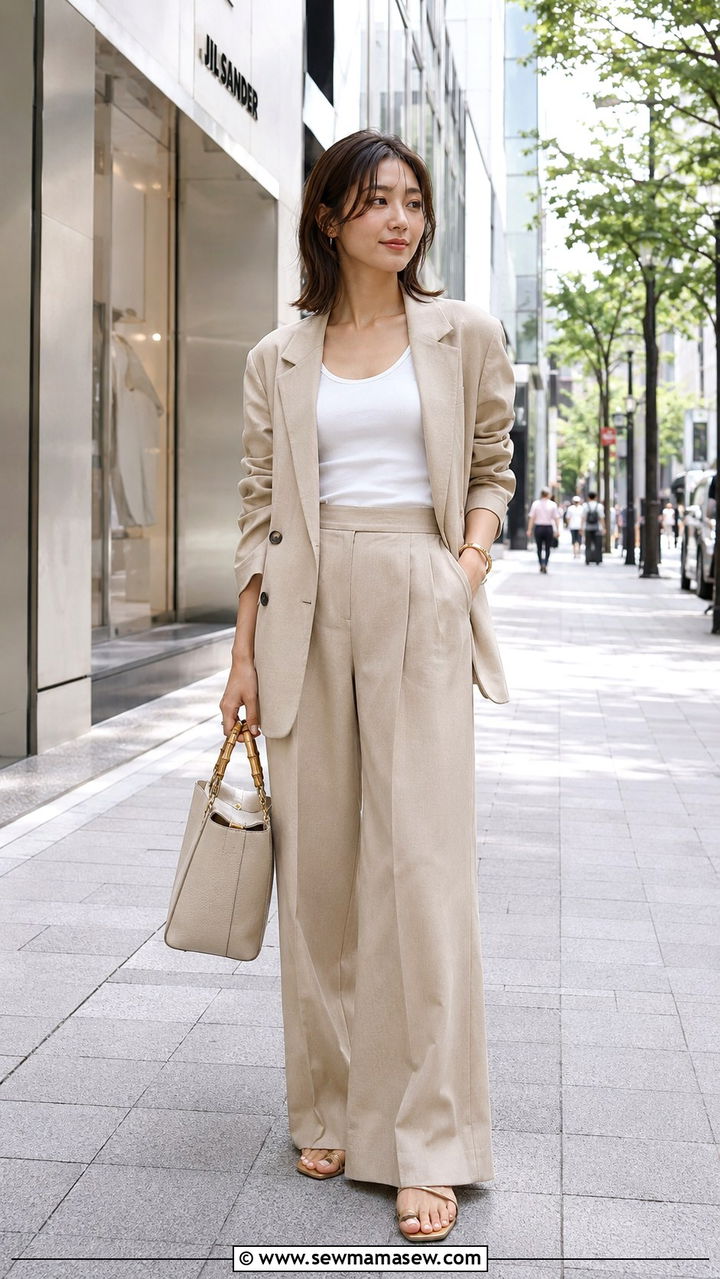 Tonal Beige Suiting With White Tank and Minimal Sandals - 30 Tokyo outfit ideas