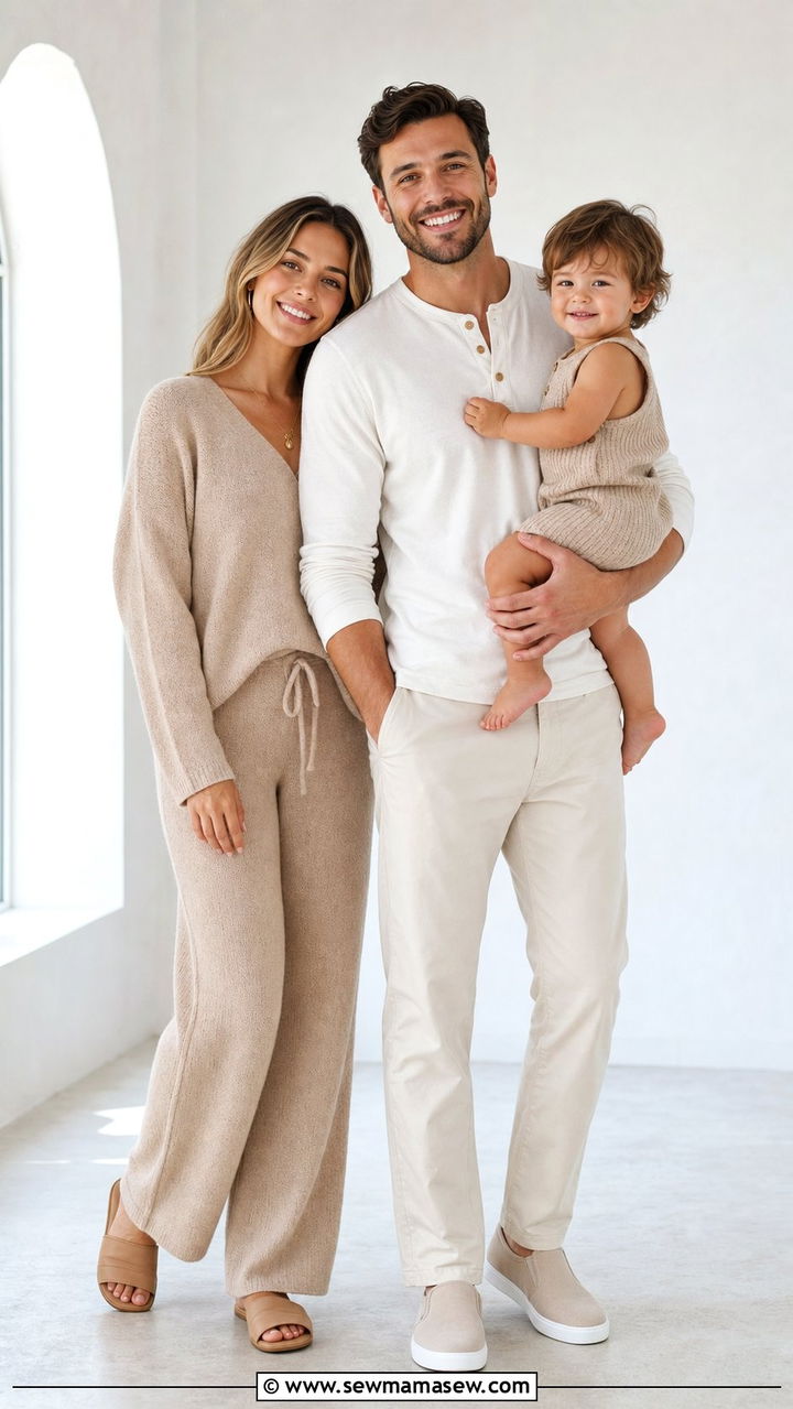 Tonal Beige and Ivory Family Outfit With Toddler Romper - 25 Family photo outfit ideas with toddler