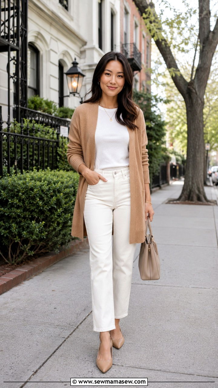 Tonal Cardigan and Straight Leg Jeans - 30 Petite outfit ideas to create a longer silhouette