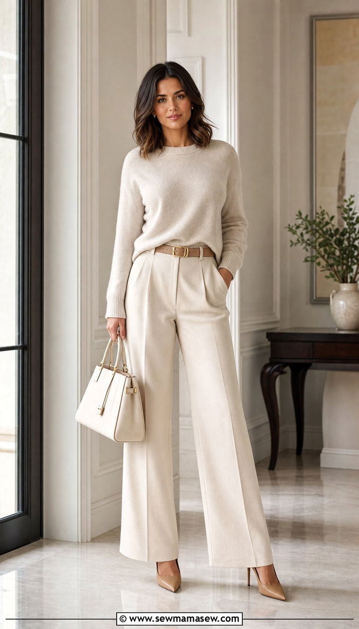 Tonal Cream Sweater and Trousers - 25 classy outfits for short torso women