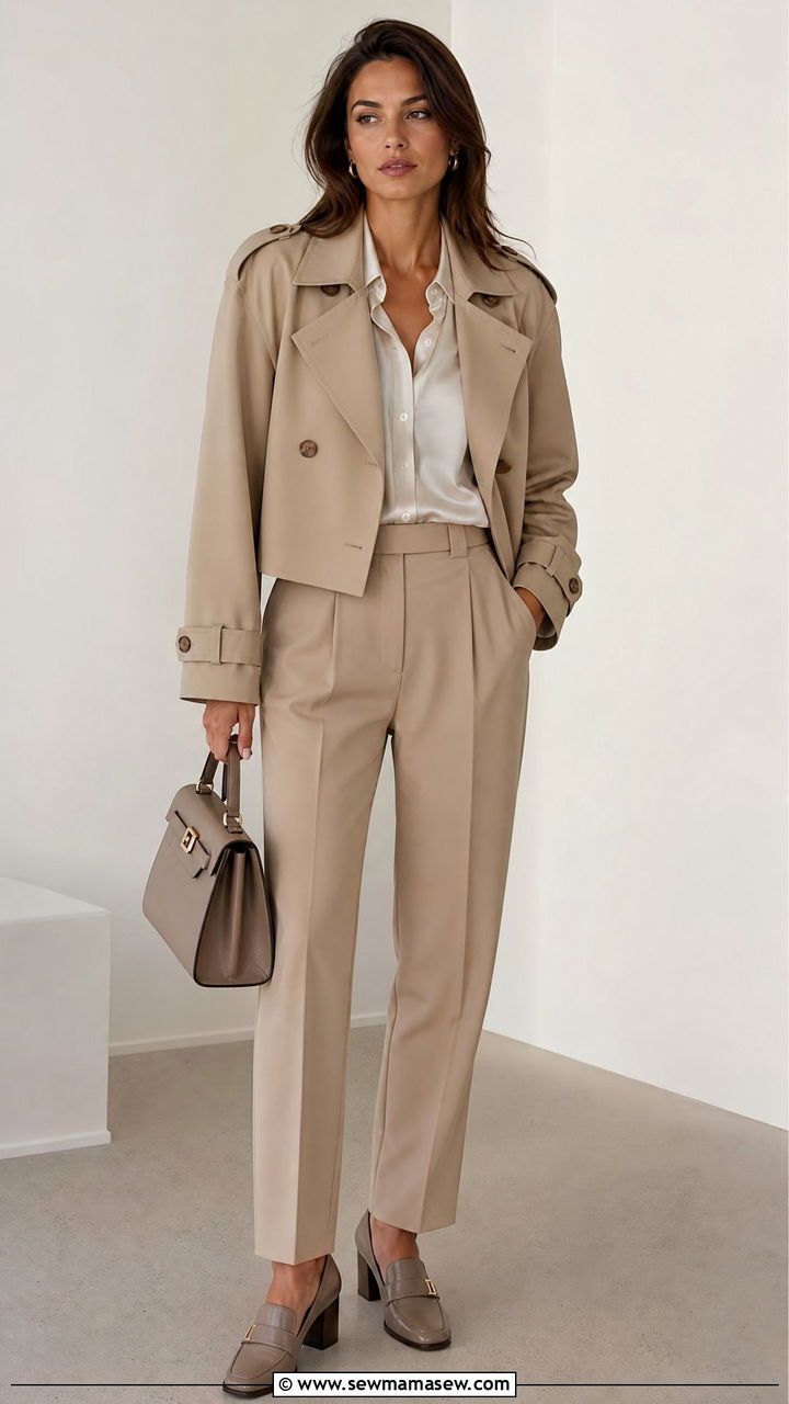 Tonal Cropped Trench With Matching Trousers And Heeled Loafers - 30 cropped trench coat outfit ideas for women