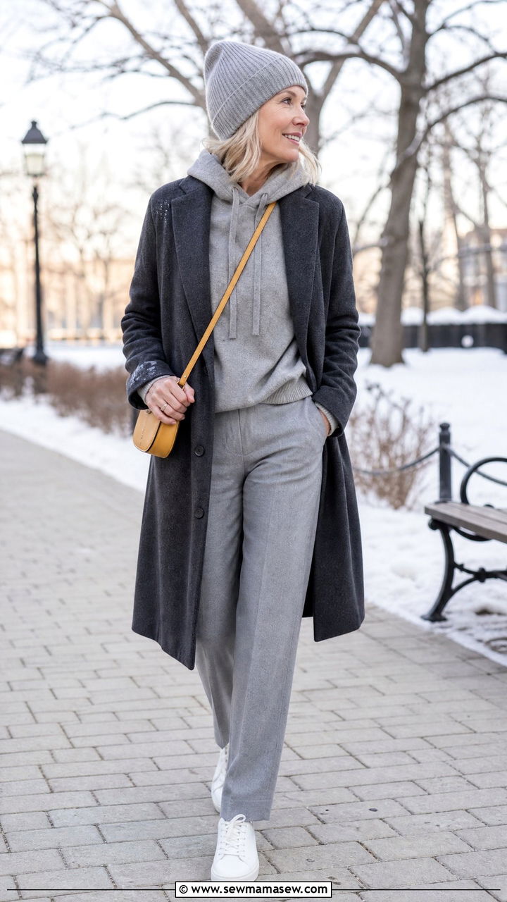 Tonal Gray Outfit with a Wool Beanie and Sneakers - 30 scandinavian outfit ideas for women over 40