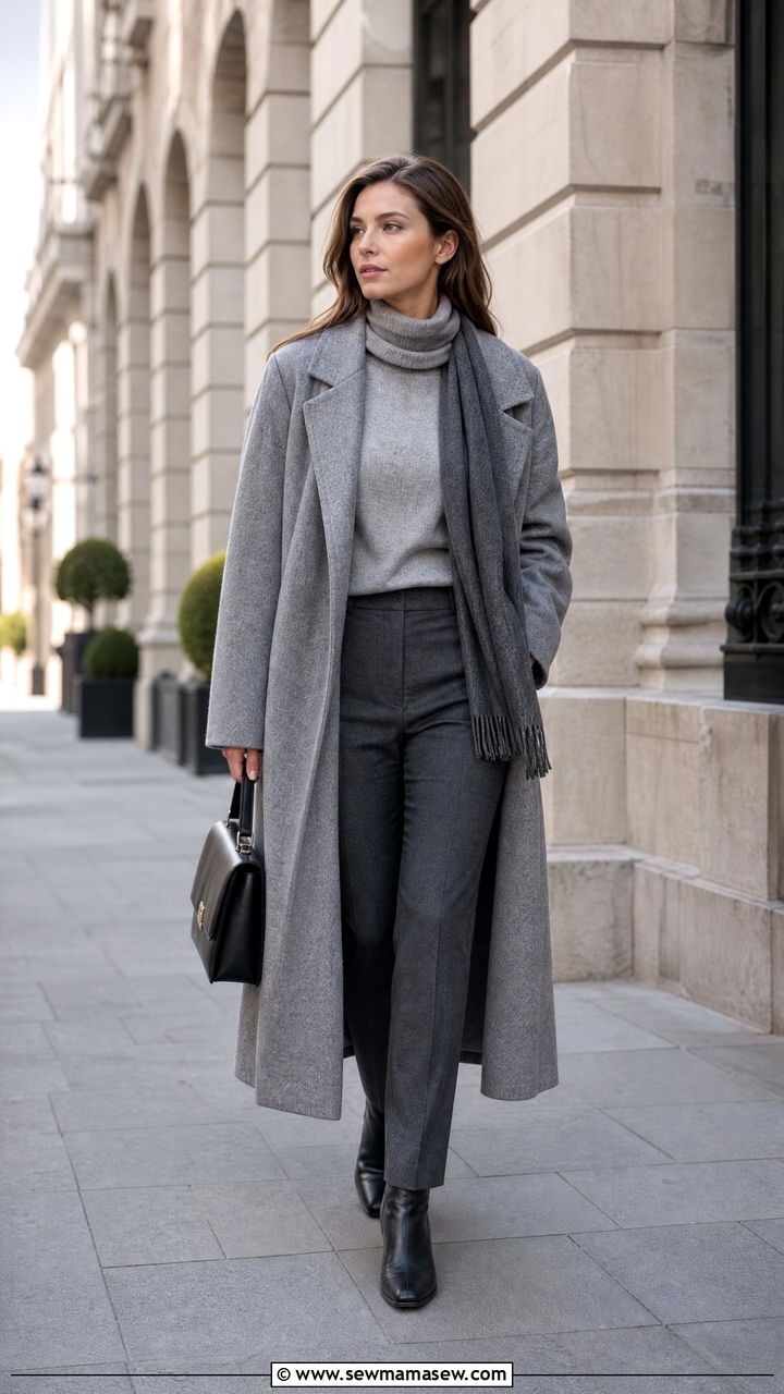 Tonal Grey Cashmere Coat Over Turtleneck And Tailored Pants - 25 Quiet luxury outfit ideas The Row style