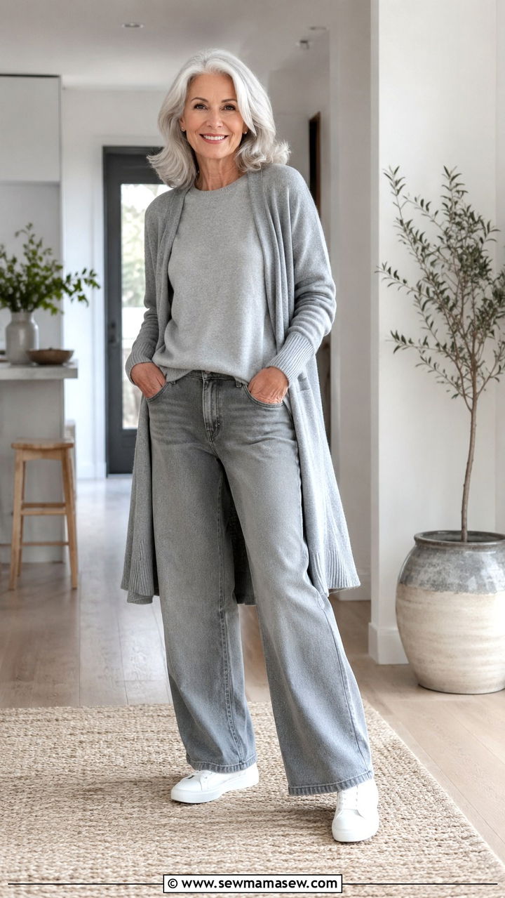 Tonal Grey Wide Leg Jeans Outfit With Luxe Loungewear - 25 Outfit ideas for women over 60 casual 2026