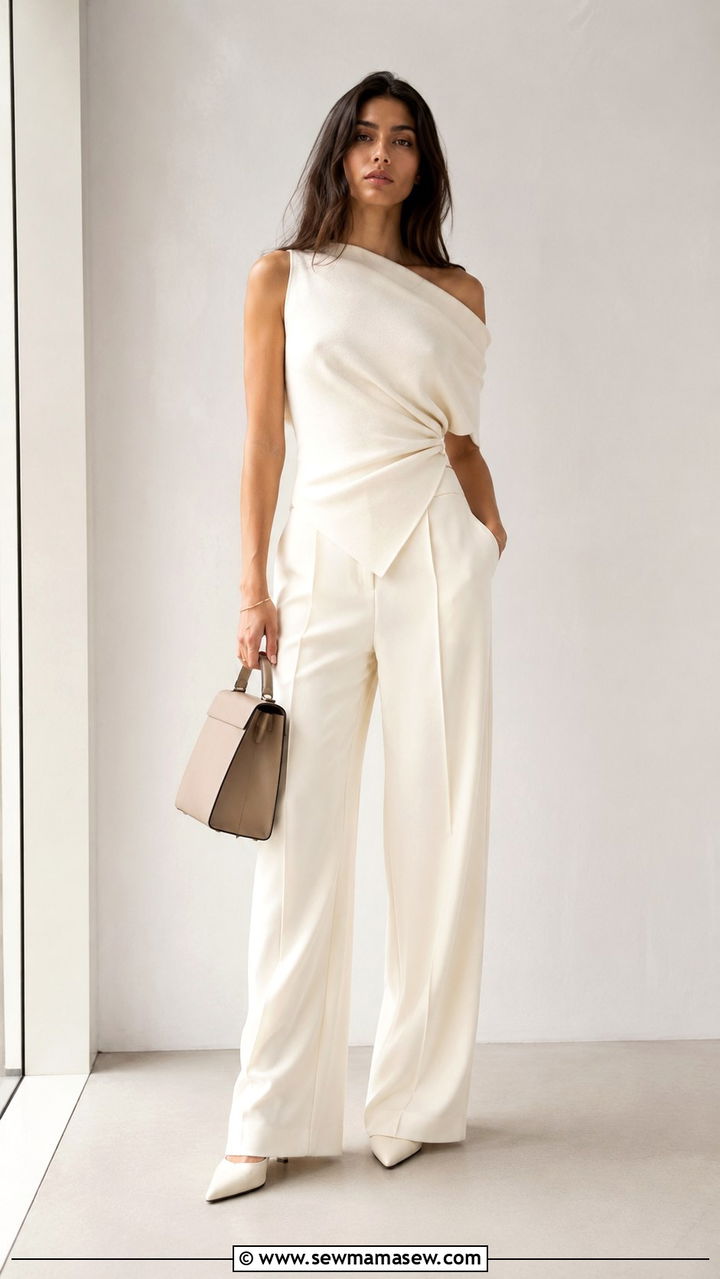 Tonal Ivory Head to Toe with Sculptural Knit and Fluid Wide Leg Trousers - 20 Quiet luxury outfit ideas Khaite style