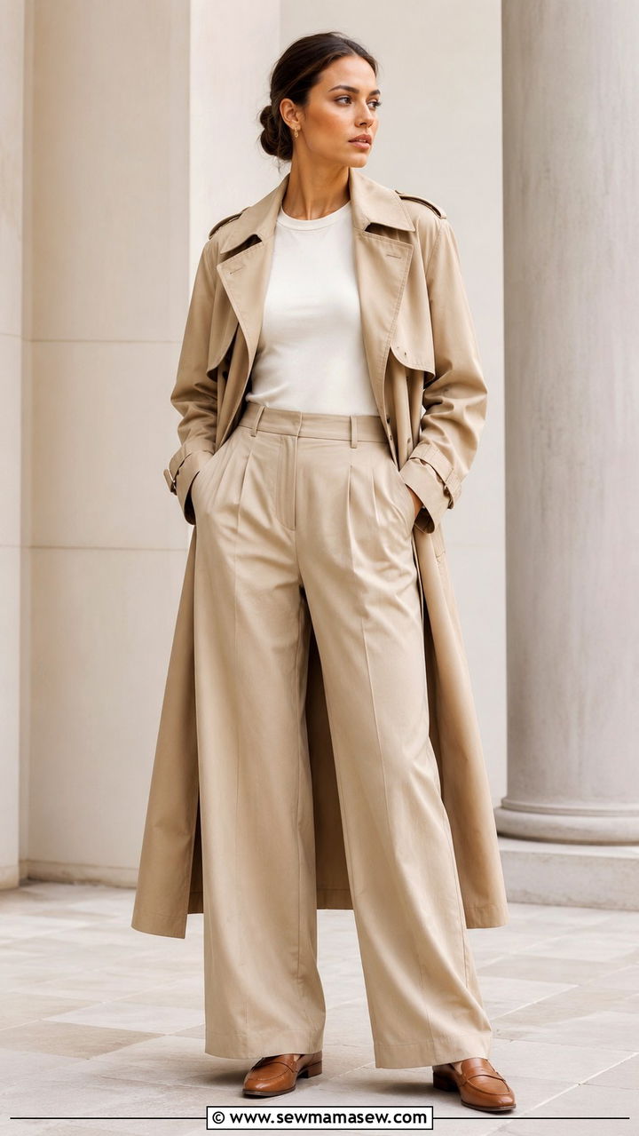 Tonal Khaki Trench Coat With Matching Wide Leg Pants - 30 Khaki trench coat outfit ideas with wide leg pants