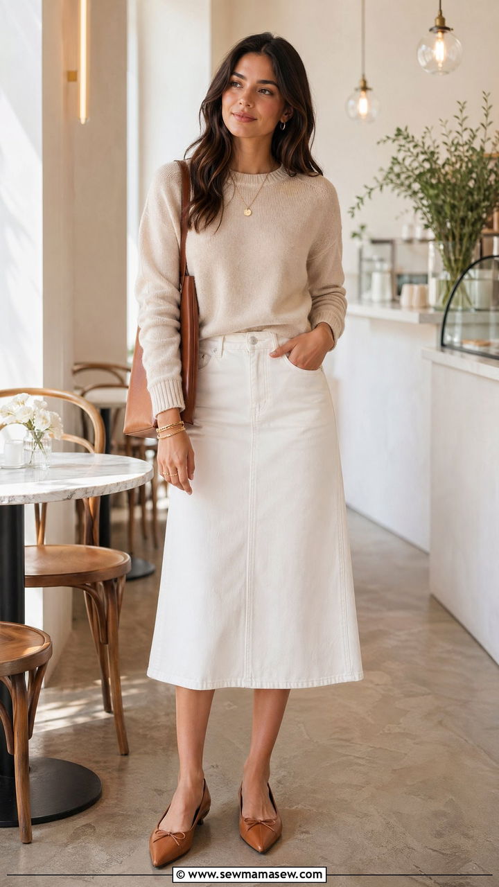Tonal Knit Sweater with White Denim Midi Skirt - 35 denim skirt outfits inspo