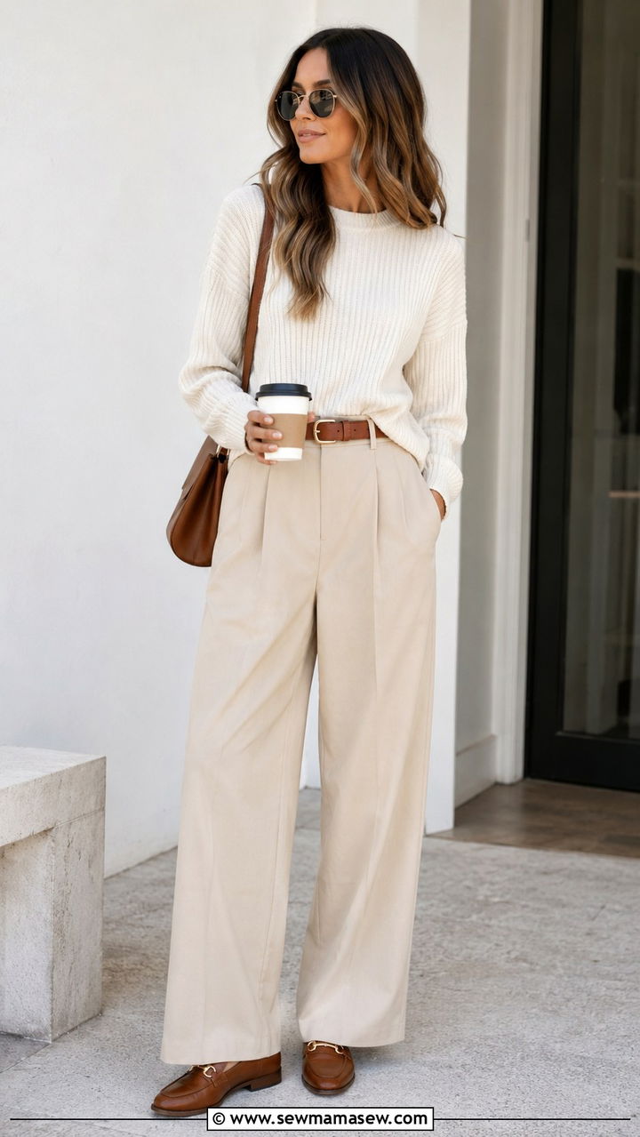 Tonal Neutrals With Beige Trousers And A Cream Knit - 20 French girl outfit ideas Caroline de Maigret